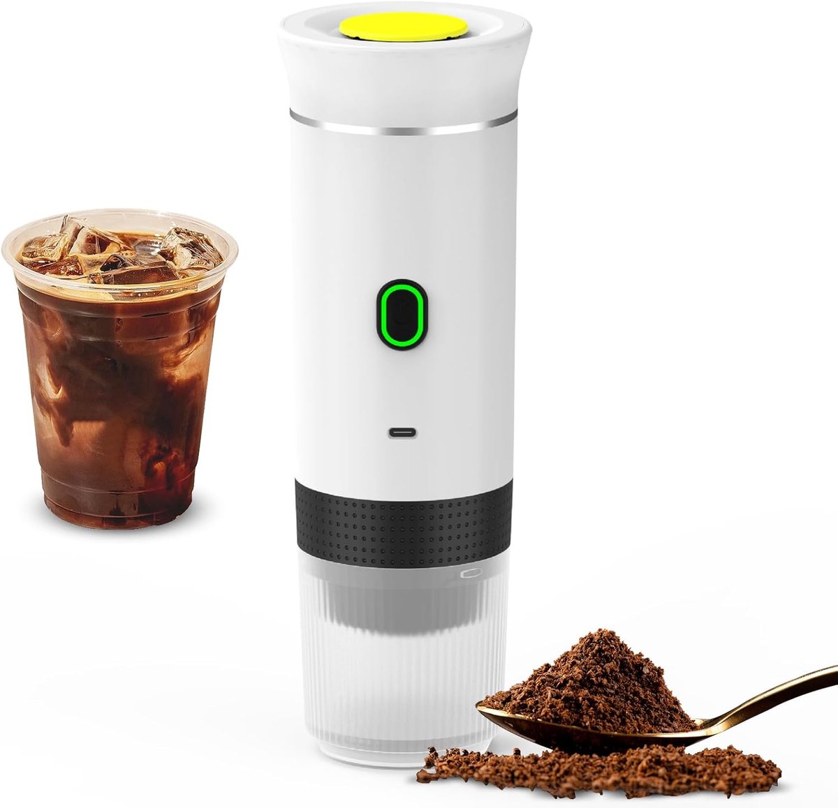 Witte draadloze koffiemachine voor in de auto, thuis en op reis, 3-in-1 elektrische koffiemachine, geschikt voor capsules of gemalen koffie, mini-koffiemachine (15 bar) voor koud brouwen en warm koffiezetten, kopje met een inhoud van 15 ml.
