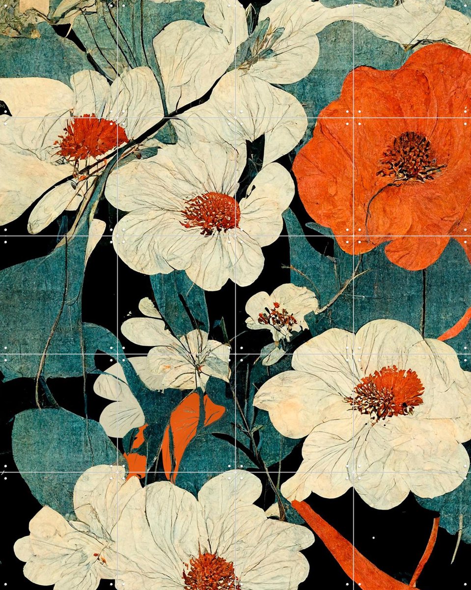 IXXI Asian Flowers, Treechild & Various - 80 x 100 cm - Gratis ophangtool - Grote wanddecoratie en posters - Illustraties, Kleurrijk, Art Nouveau