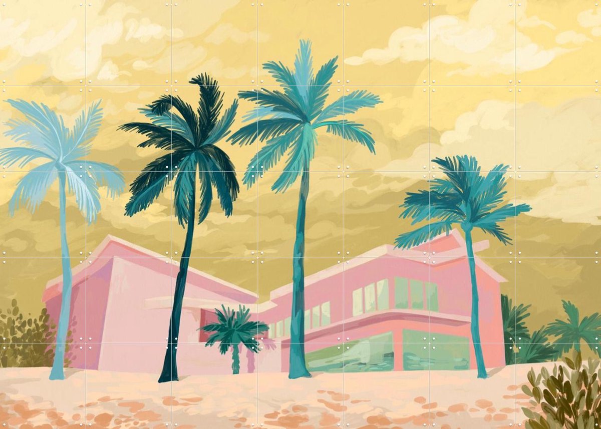 IXXI The Pink Beachhouse, Goed Blauw - 140 x 100 cm - Gratis ophangtool - Grote wanddecoratie en posters - Speels, Illustraties, Digitale Kunst
