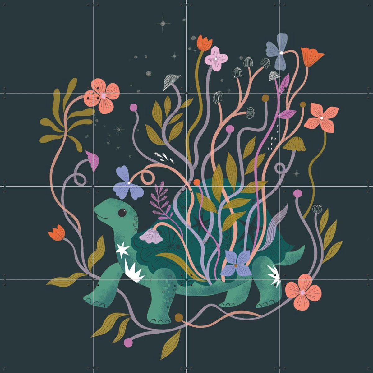 IXXI Tortoise, Bethan Janine - 80 x 80 cm - Gratis ophangtool - Grote wanddecoratie en posters - Kleurrijk, Fantasierijk, Speels, Illustraties