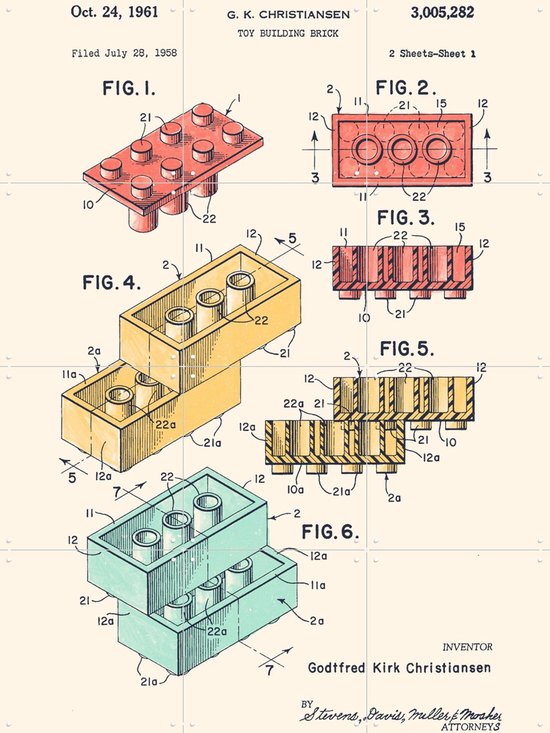 Affiche du dessin original de brique Lego, fig. 1-6, avec des détails.