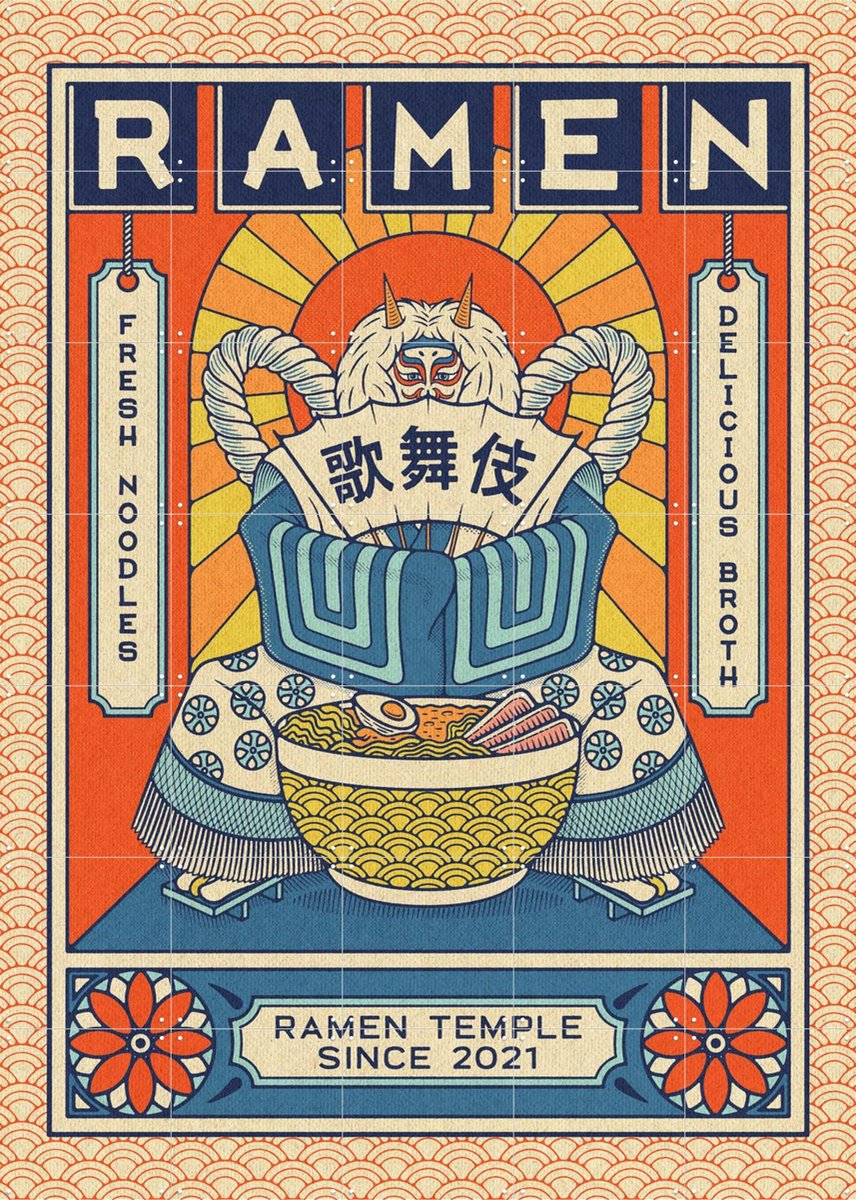 IXXI Ramen Temple Kabuki, Ryan Ragnini - 100 x 140 cm - Gratis ophangtool - Grote wanddecoratie en posters - Pop art, Illustraties, Grafisch Ontwerp