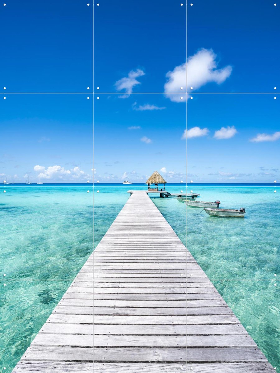 IXXI Wooden Pier - French Polynesia, Jan Becke - 60 x 80 cm - Gratis ophangtool - Grote wanddecoratie en posters - Fotografie, Kleurrijk, Woonkamer