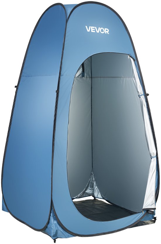 Een blauwe VEVOR pop-up tent met open rits, op een witte achtergrond.