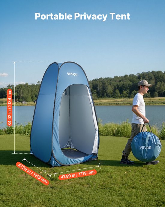 VEVOR POP-Up Douchetent (1219 X 1219 X 2134 mm) Waterdichte Toilettent met Omkleedruimte, Inclusief Haringen, Touwen, Draagtas & Ophangtas, Gemaakt van 190t Polyester Voor Kamperen, Strand, Vissen, Blauw van Merkloos — afbeelding 3
