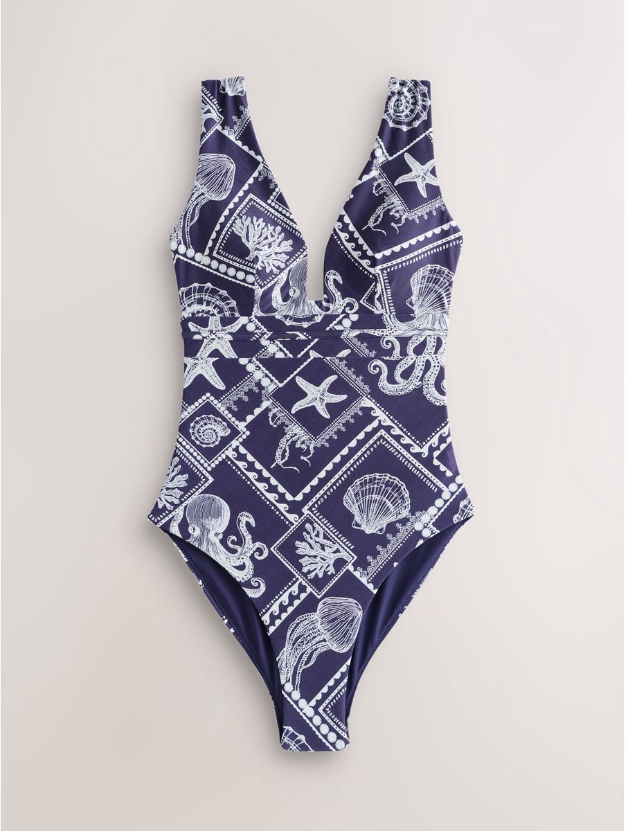 Next Dames - Buikcorrigerend badpak met lage hals - Blauw Navy Octopus