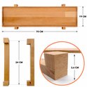 Afmetingen van de houten serveerplank: 70 cm lang, 19 cm breed. Hoogte van de zijstukken 24 cm.