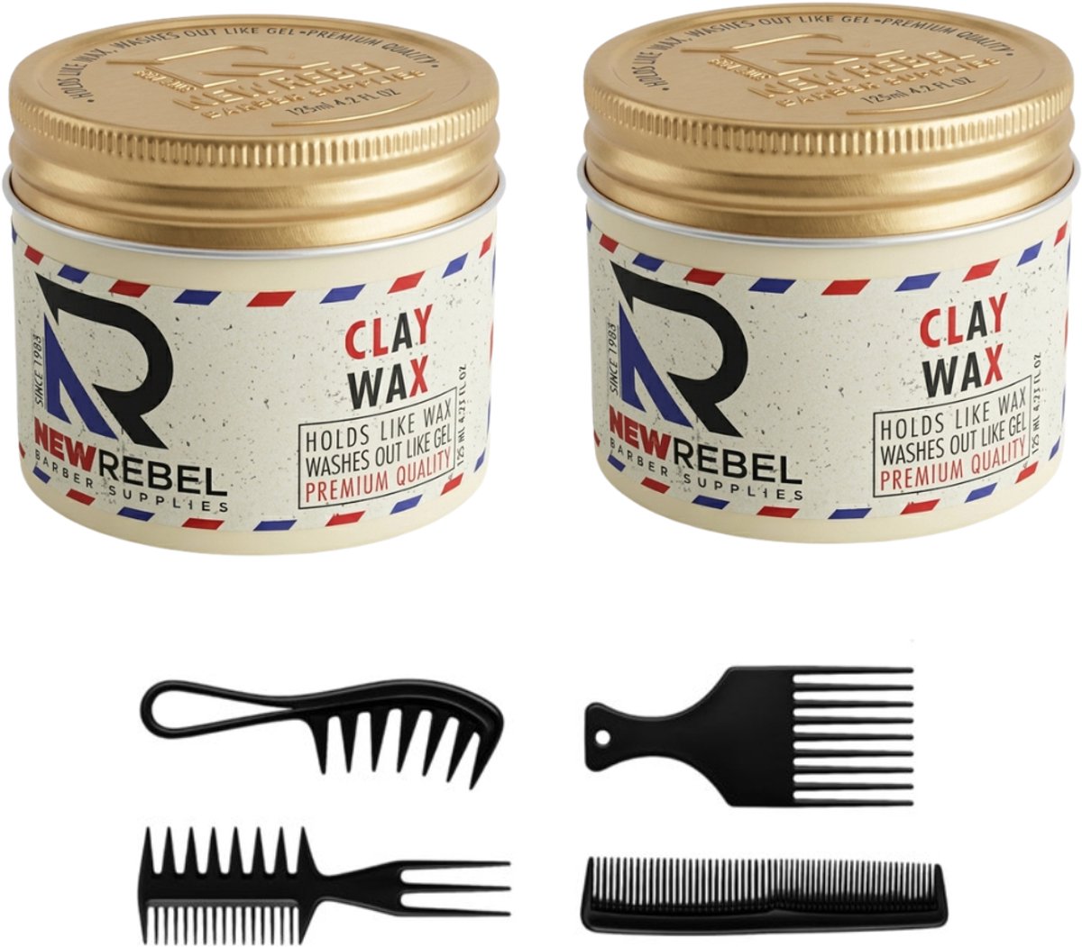 New Rebel Clay Wax – Matte Haarwax – Sterke Hold – Natuurlijke Look – 2 x 125 ml + 4 Stylingkammen – Haarwax Mannen