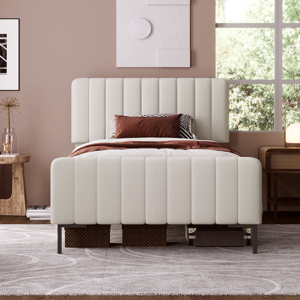 Rayofi Gestoffeerd Tweepersoonsbed 90 x 200 cm, Bedplaats met plat noedelsframe en verstelbaar hoofdeinde, Grijs Beige gestoffeerd bed, slaapkamer bedplaats jeugdbedkamer linnenmateriaal (geen matras)