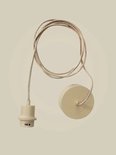 Beige lampfitting met stoffen snoer en plafondkap.