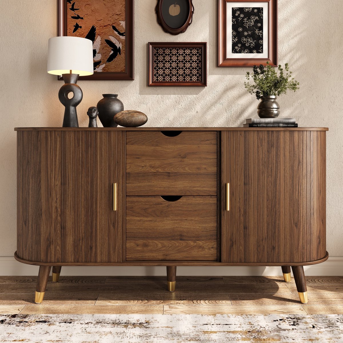 PHOEBE CAT Dressoir - Walnoot afwerking - Schuifdeuren - 2 lades - Massief houten poten - Afgeronde hoeken - Bruin