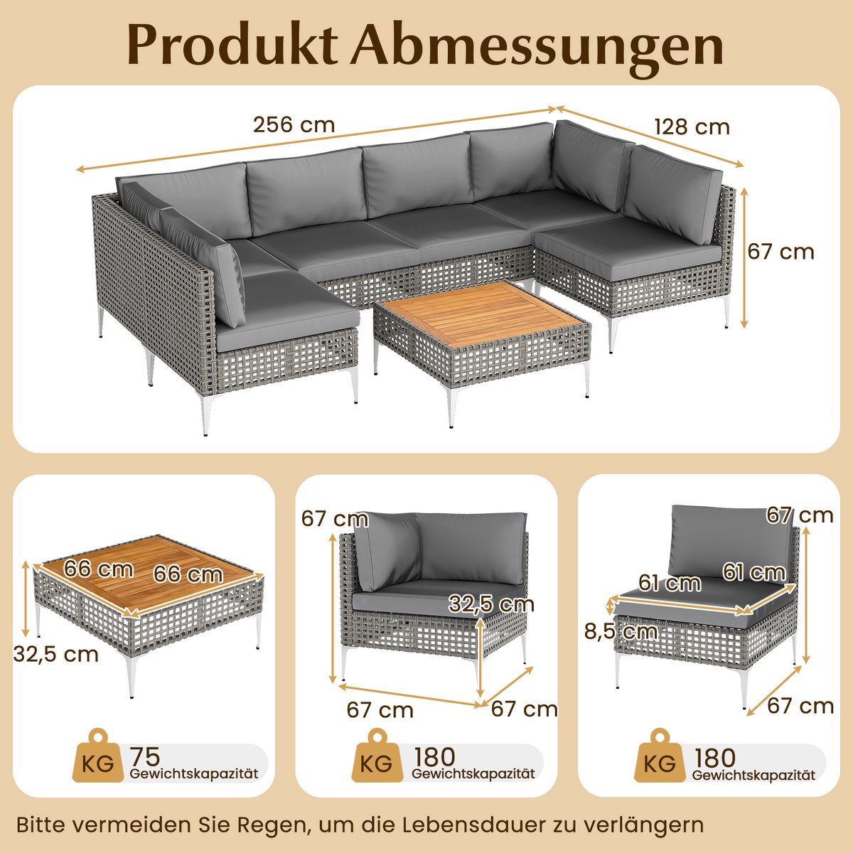 COSTWAY Loungemeubelen voor buiten, rotan tuinlounge met tafel en kussens, vrij te combineren, tuinmeubelset, balkonmeubels, terrasmeubels, zitgroep voor tuin, balkon, terras thumbnail 2