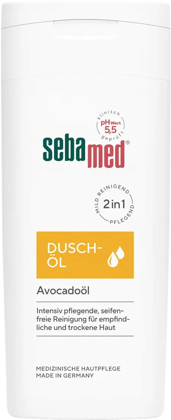 Sebamed doucheolie avocado met 2-in-1 reinigende en verzorgende werking. Voor de gevoelige en droge huid. pH 5,5.