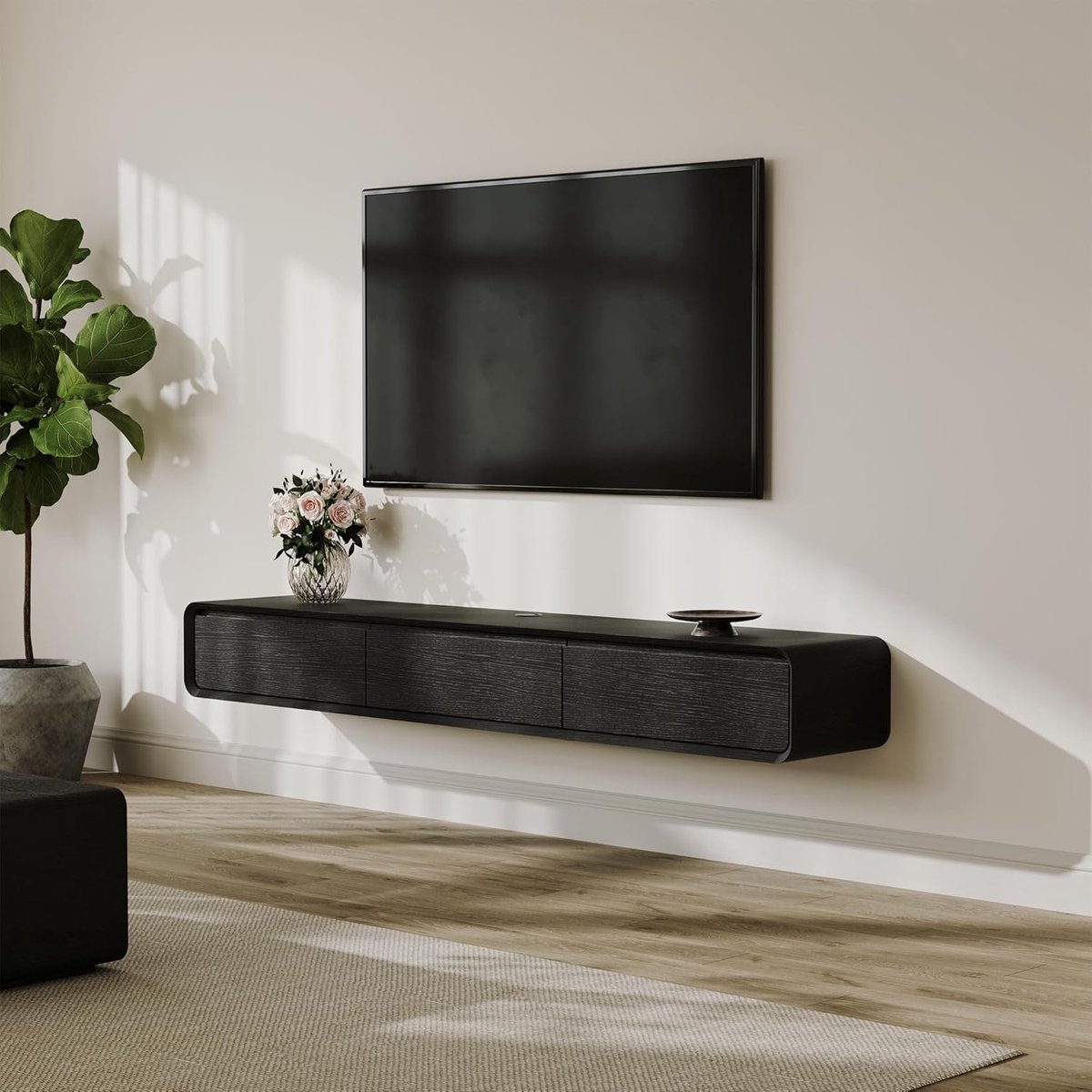 Zwevend TV-meubel 200 cm Modern Zwart Walnoothout | 3 Laden Hangend TV-meubel met Kabelmanagement en Opbergruimte – ABkantoor