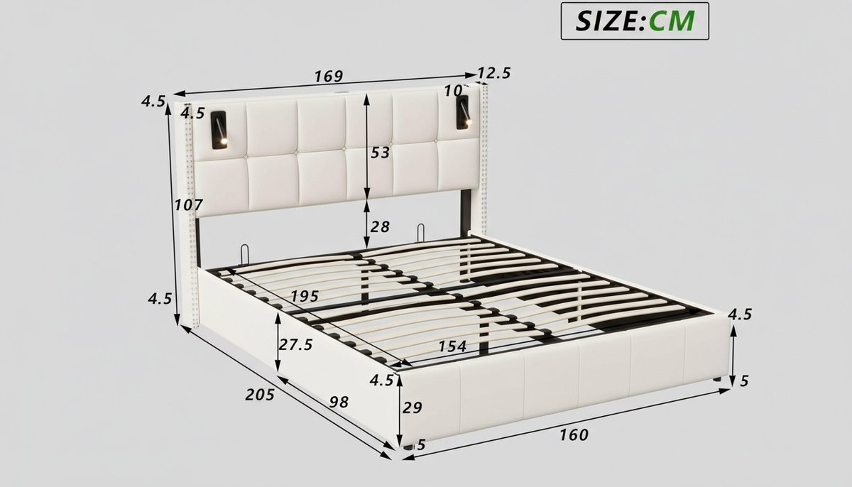 Gestoffeerd Opbergbed 160x200 cm Beige – Casa Velluto Luxe Tweepersoonsbed met Hydraulisch