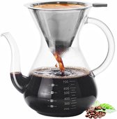Glazen koffiezetapparaat met zilverkleurig RVS filter, met gezette koffie en koffiebonen ernaast.