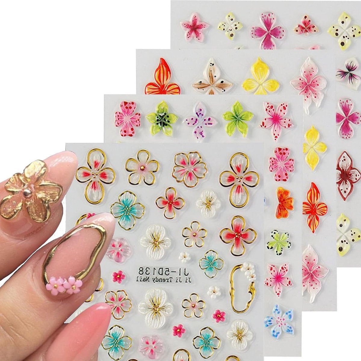 Nagelstickers 3D Bloemen Patroon, Zelfklevende Nail Art Accessoires - Set van 4 Vellen