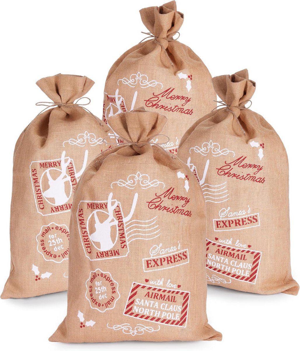 Set van 4 Jute Kerstcadeauzakken Kerstman Postzegels 80 cm met Trekkoord
