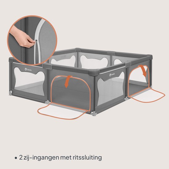 Grijze box met openklapbare ingangen met rits, en detail van de rits.