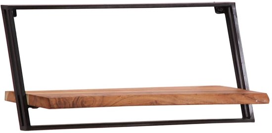 Een enkele houten wandplank met een schuin zwart metalen frame.