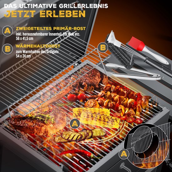 KESSER® Houtskoolbarbecue XL Barbeque Houtskool met Deksel, Wielen, Afdekkap, Roestvrij Stalen Handvat, Barbecuerooster en Thermometer, 8 Spiesen met Zakje & siliconen Borstel, grote BBQ Camping Terras Tuin van Merkloos — afbeelding 4