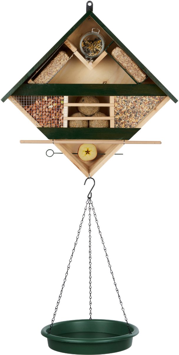 Kinzo Vogelvoederhuisje met Waterbak en Fruitpin – Hangend Vogelhuisje voor Tuinvogels en Kleine Vogels – Voederhuisje voor Vogels - Vogelvoederstation met Meerdere Voeropties