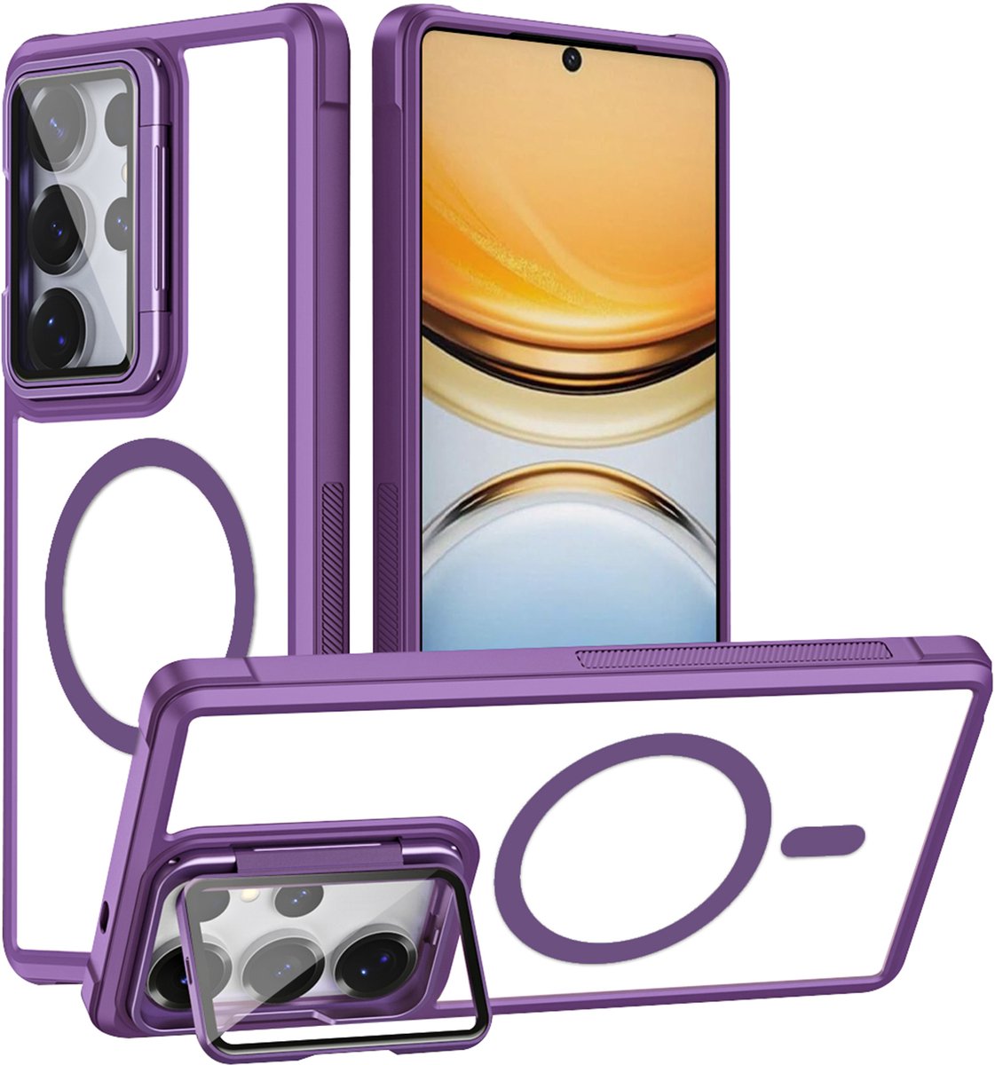 Casemania Hoesje Geschikt voor Samsung Galaxy S26 Ultra - Magnetische Transparante Backcover met Paarse Bumper - Camera Shield Kickstand met Volledige Camera Bescherming - Geschikt voor MagSafe
