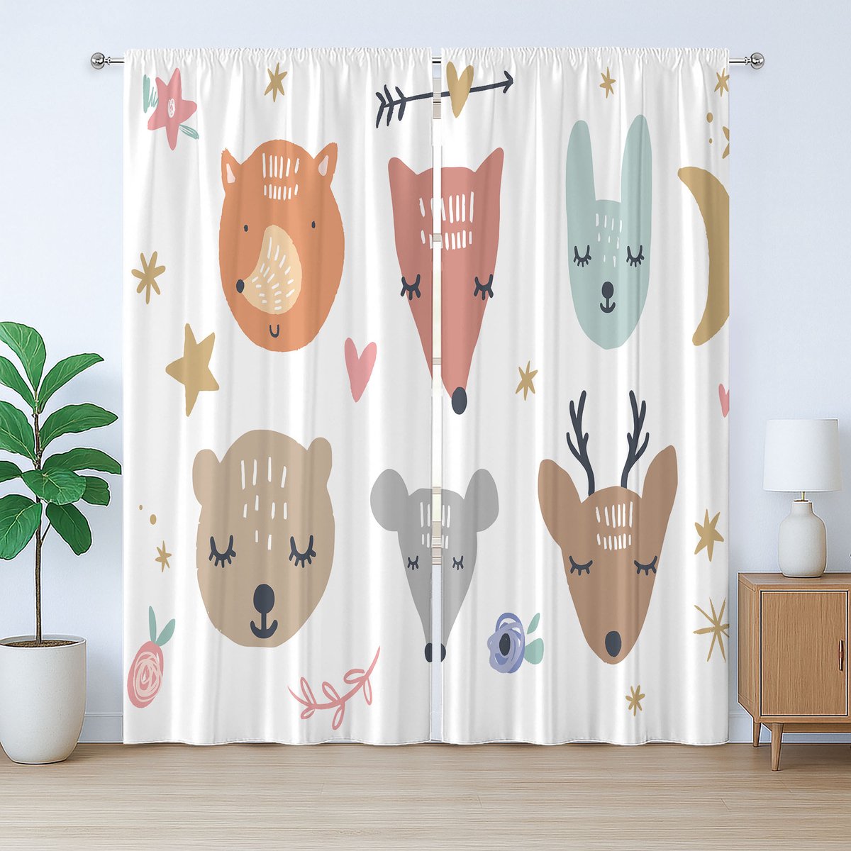 ABAKUHAUS Rustiek Kleutergordijn, Scandinavische Dieren, Slaapkamergordijn met Geplooide Band, Lussen en Haken, 280 x 175 cm, Kleibruin Oranje Grijs