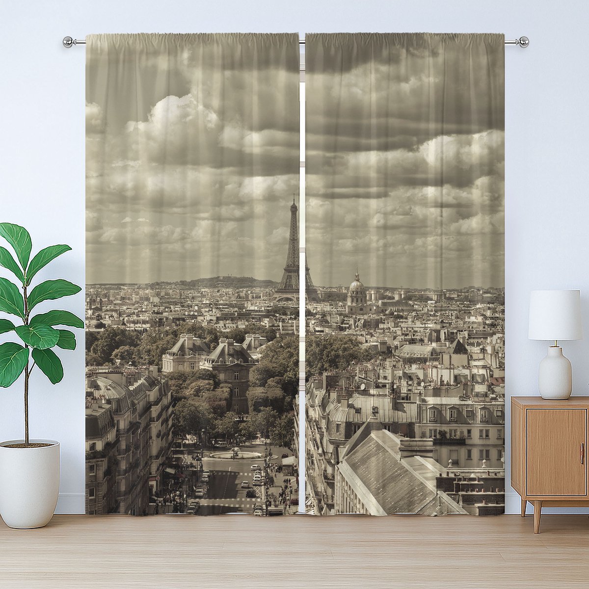 ABAKUHAUS Beige Rustiek Gordijn, Parijse Stadsgezicht, Universele Gordijnen met Bandjes, Lussen en Haken voor de Woonkamer, 280 x 175 cm, Beige