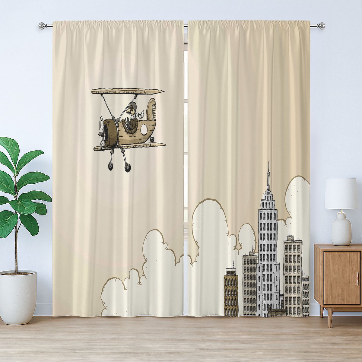 ABAKUHAUS Vintage Vliegtuig Rustiek Gordijn, Cartoon Vliegtuig, met Bandjes voor de Woonkamer met Lussen en Haken, 280 x 245 cm, Beige Wit Grijs