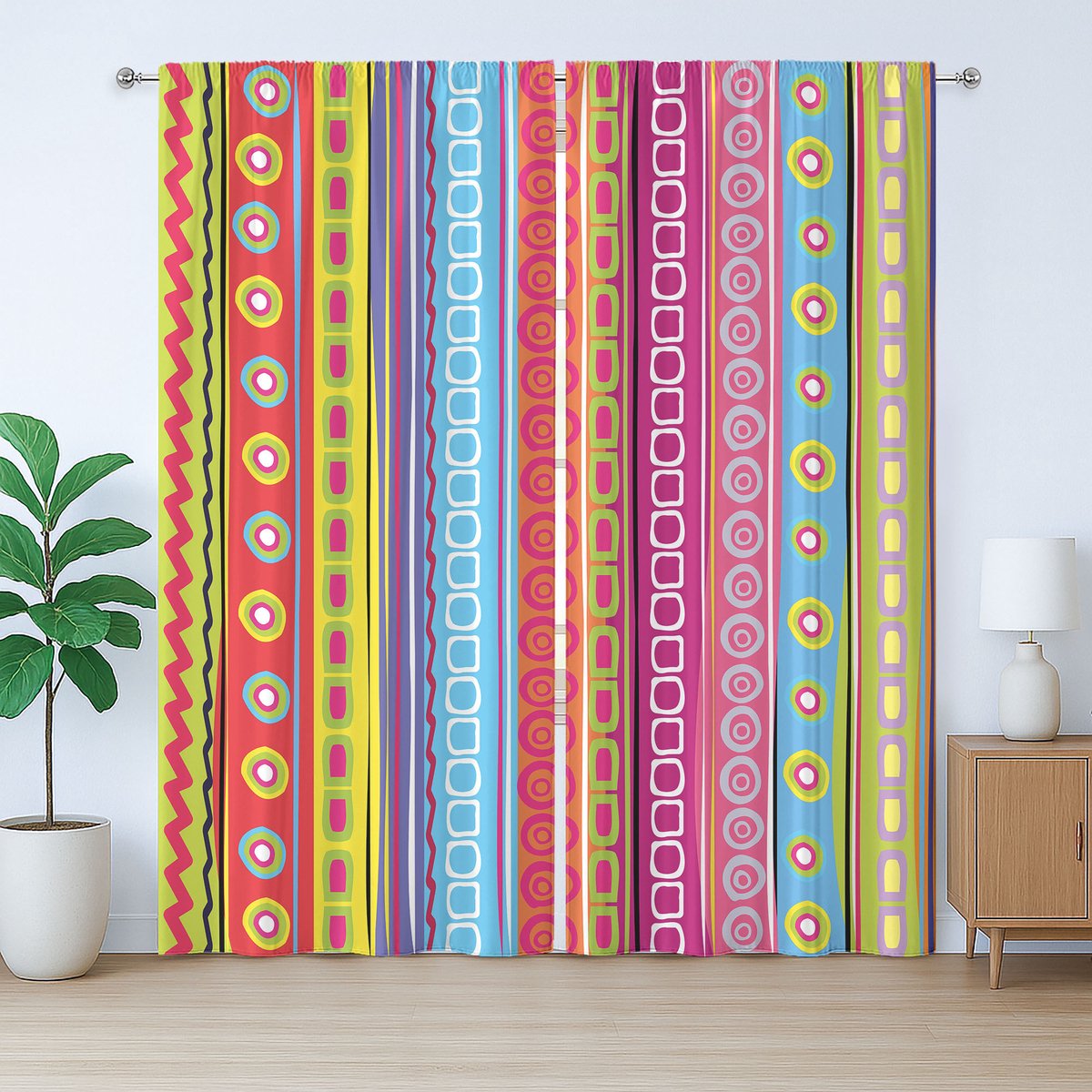 ABAKUHAUS Gestreept rustiek gordijn, 90 Retro-Art Etnisch, Slaapkamergordijn met plooien en haken, 280 x 260 cm, Rood Blauw Paars