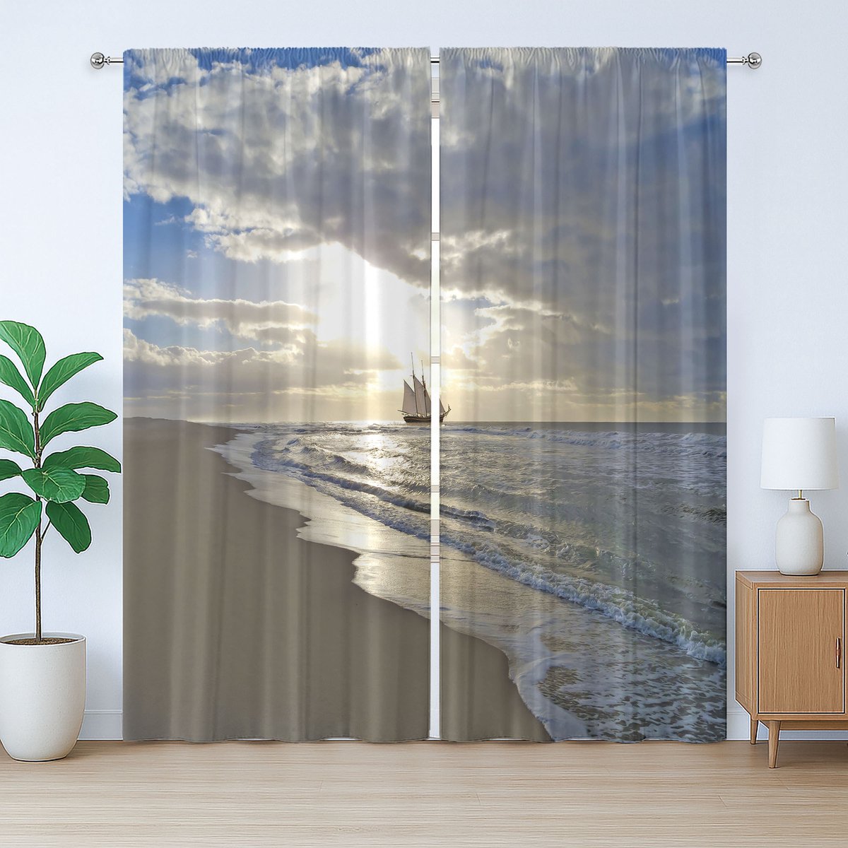 ABAKUHAUS Strand Rustieke gordijnen, Zeilen shipt Zonsondergang, Woonkamergordijnen met universele band, lussen en haken, 2 stuks 140 cm B x 175 cm L, Blauw Beige wit