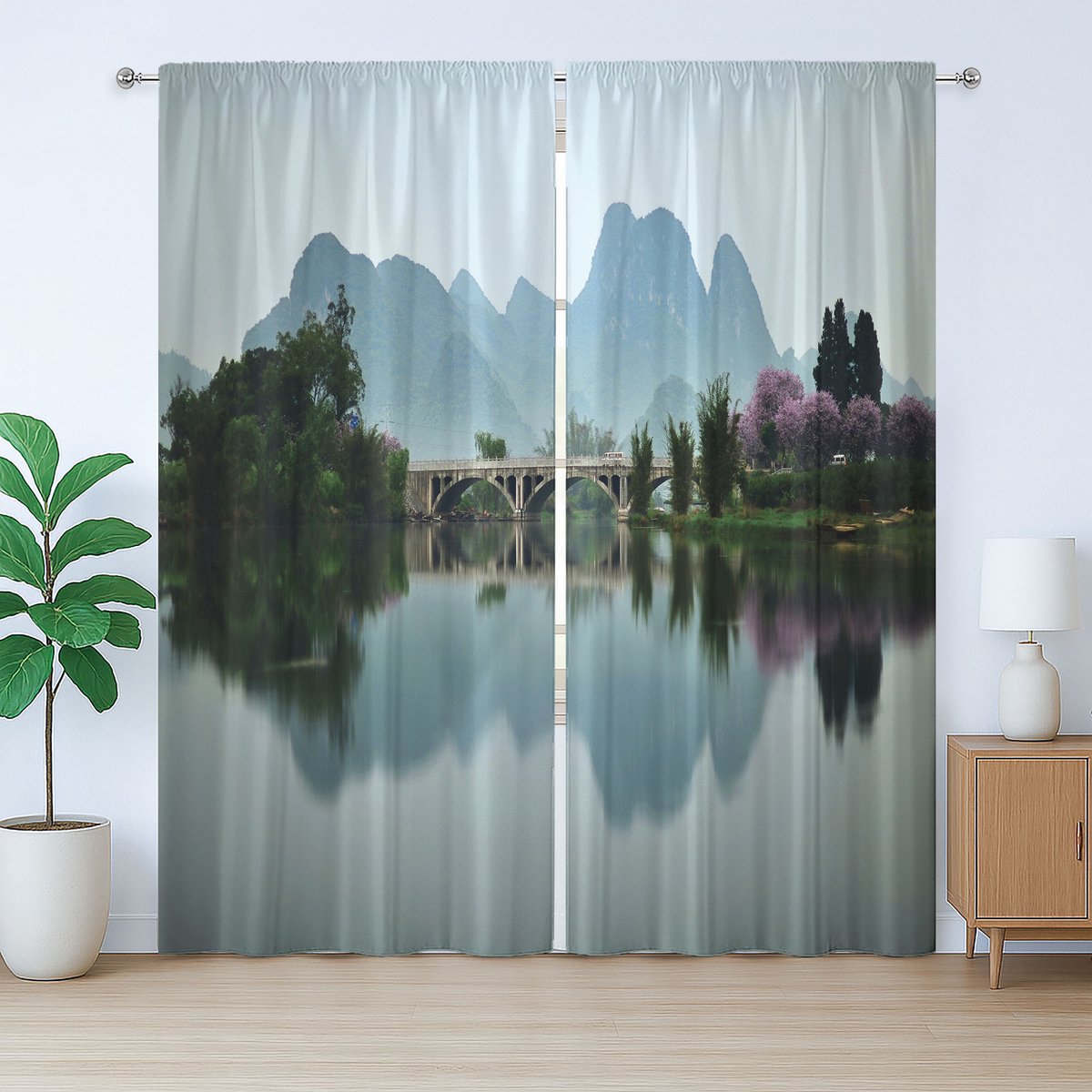 ABAKUHAUS Rustiek Landschap Gordijn, Japans Meerzicht, Slaapkamergordijn met Geplooide Band, Lussen en Haken, 280 x 175 cm, Groen Paars