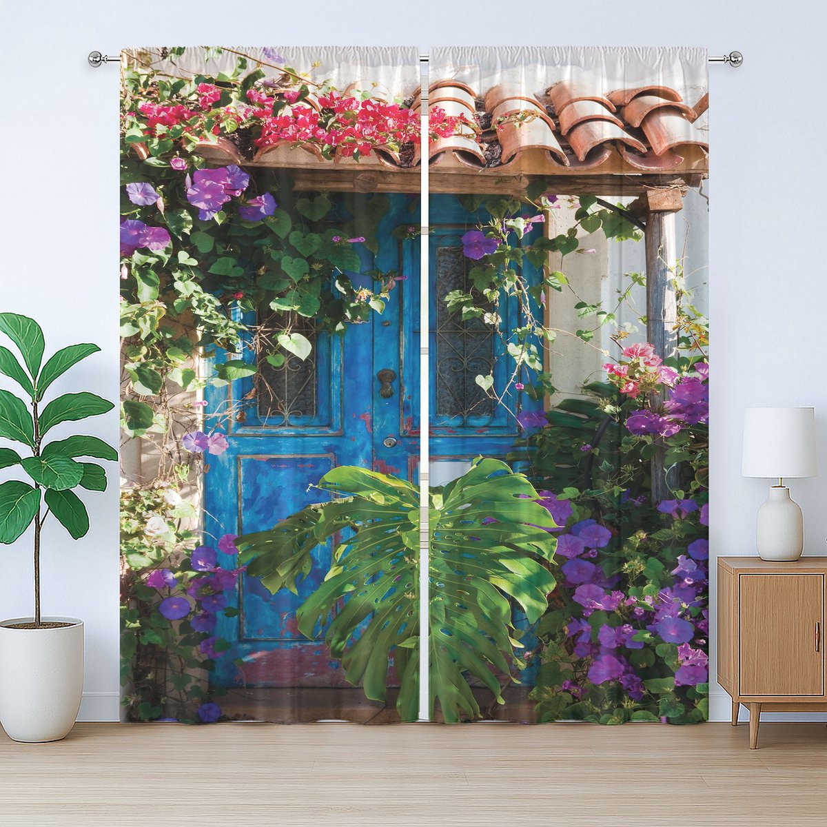 ABAKUHAUS Rustiek Gordijn, Palmbladmotief, met Bandjes en Haakjes voor de Woonkamer, 280 x 225 cm, Groen Paars Blauw