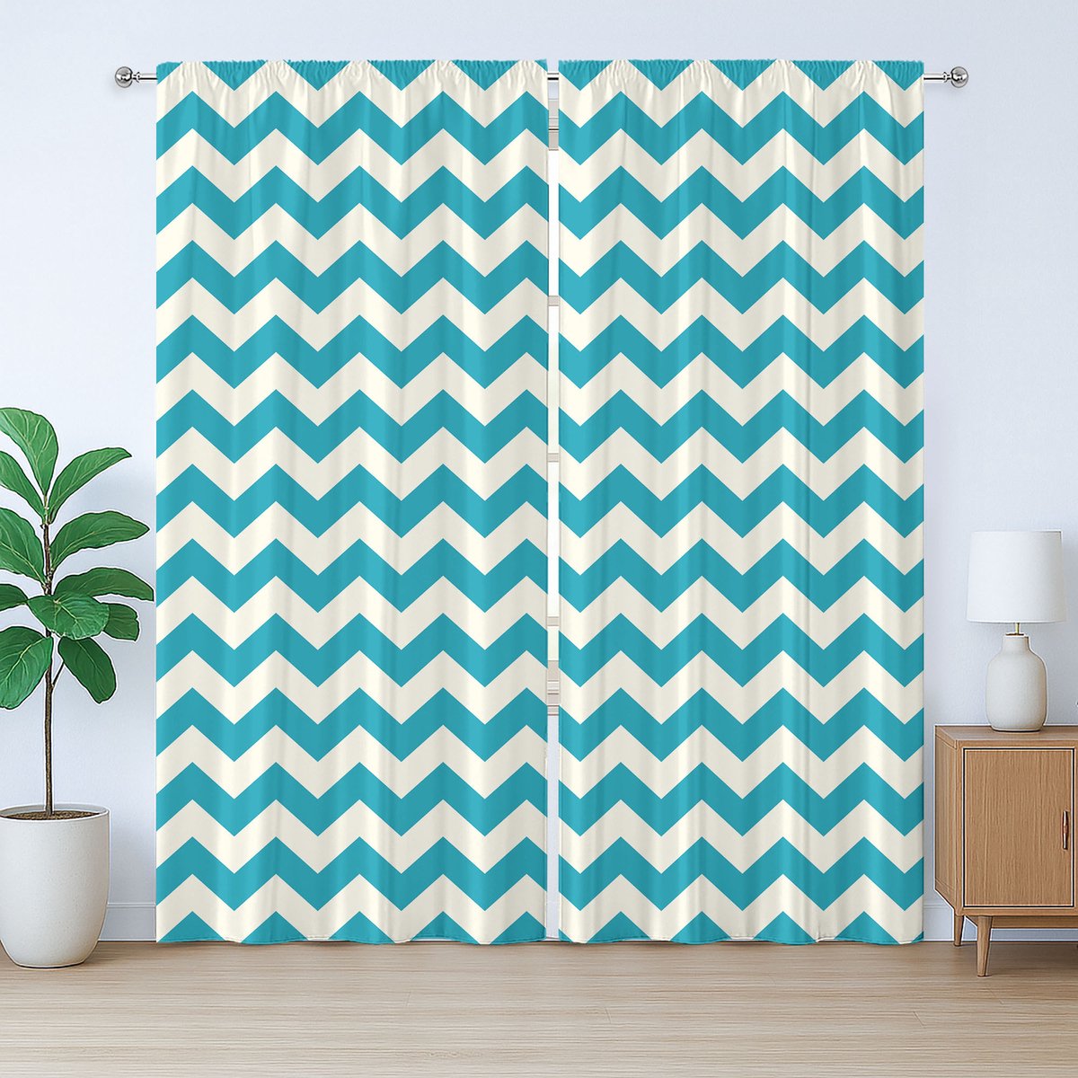 ABAKUHAUS Rustiek Gordijn in Zeegroen, Abstracte Chevronlijnen, met Bandjes en Lussen voor de Woonkamer, 280 x 260 cm, Zeegroen Beige