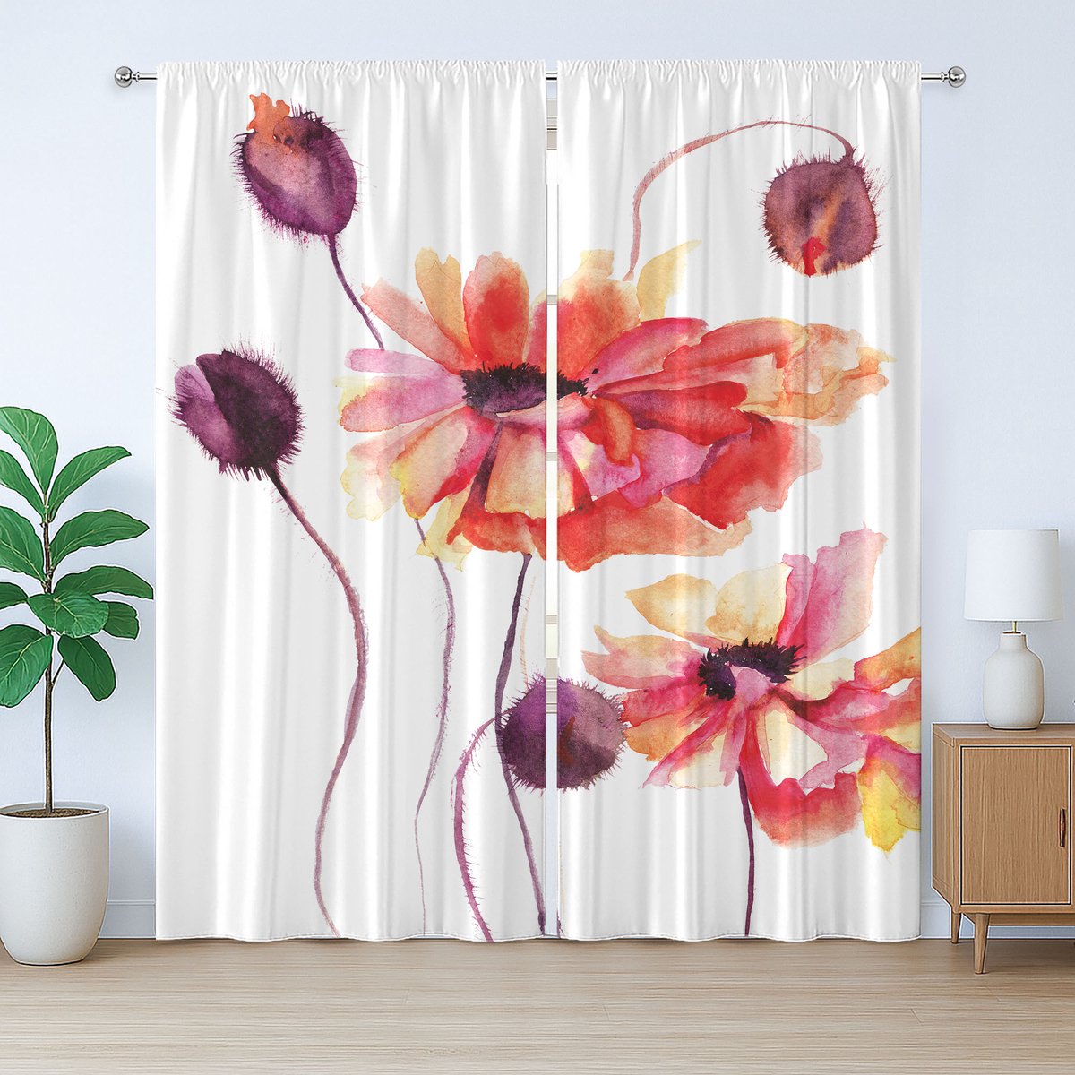 ABAKUHAUS Rustiek bloemengordijn, aquarel klaproosknopjes, slaapkamergordijn met plooien en haken, 280 x 245 cm, perzik-scharlakenpaars