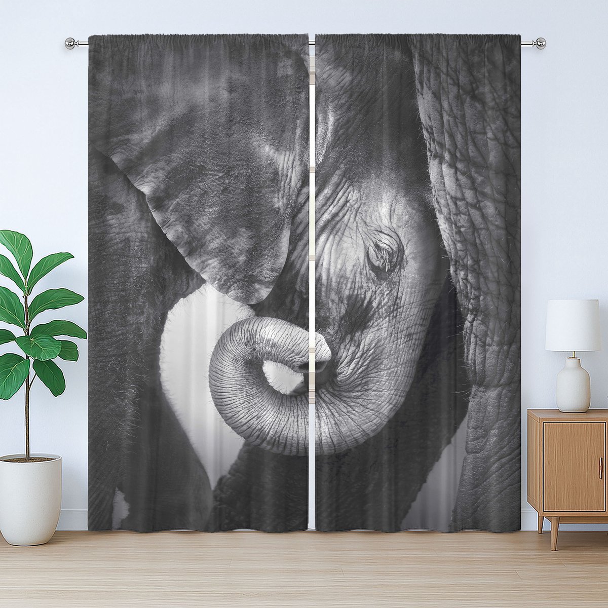 ABAKUHAUS Rustiek grijs gordijn, olifantenmoeder en -baby, met lussen en haken voor de woonkamer, 280 x 225 cm, antracietgrijs lichtgrijs