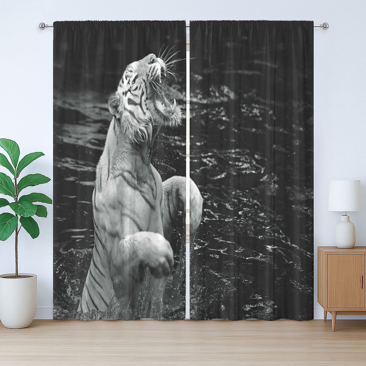 ABAKUHAUS Zwart-wit rustiek gordijn, exotische witte tijger, met lussen en haken voor de woonkamer, 280 x 175 cm, antracietgrijs lichtgrijs