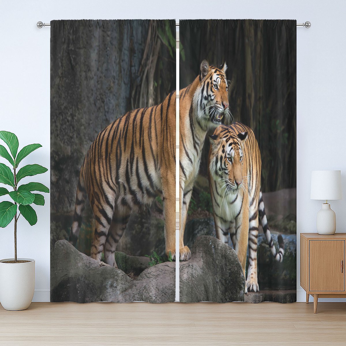 ABAKUHAUS Rustiek dierengordijn, tijgerpaar in de jungle, slaapkamergordijn met lussen en haken, 280 x 260 cm, grijs en gember