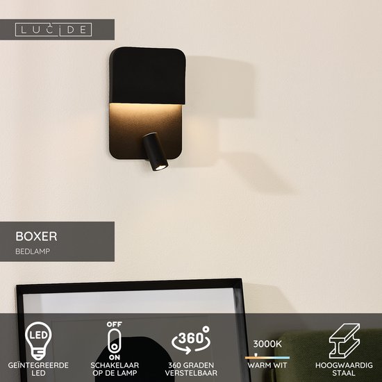 Zwarte 'Boxer' bedlamp van Lucide met geïntegreerde LED en een verstelbare spot.
