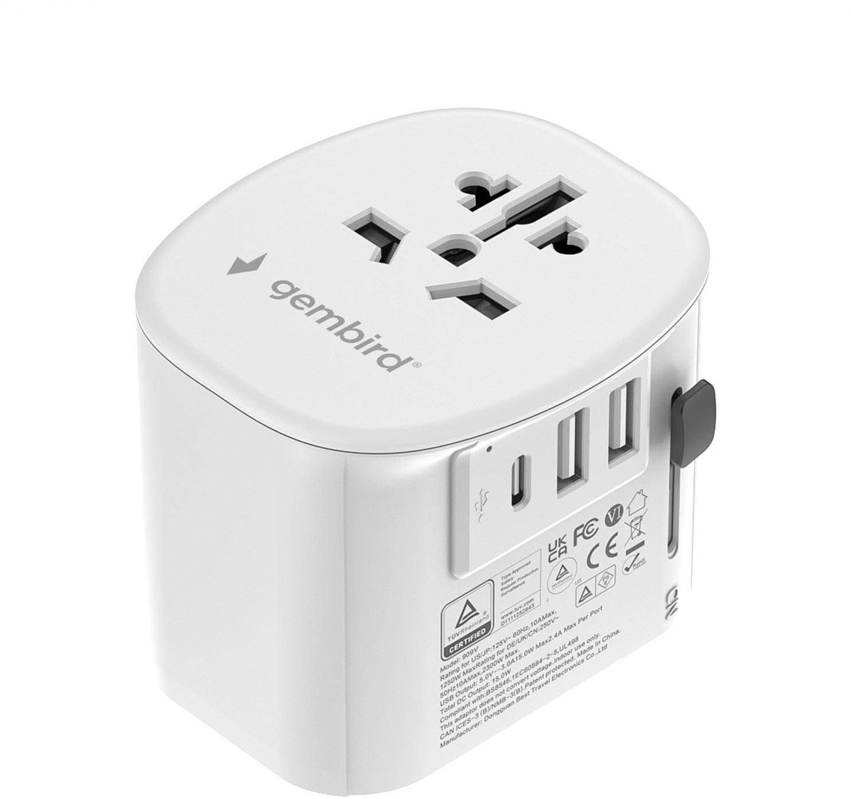 Gembird Universele Reisadapter - 15W - Geaard - Wit - Compacte Internationale Stroom Oplossing