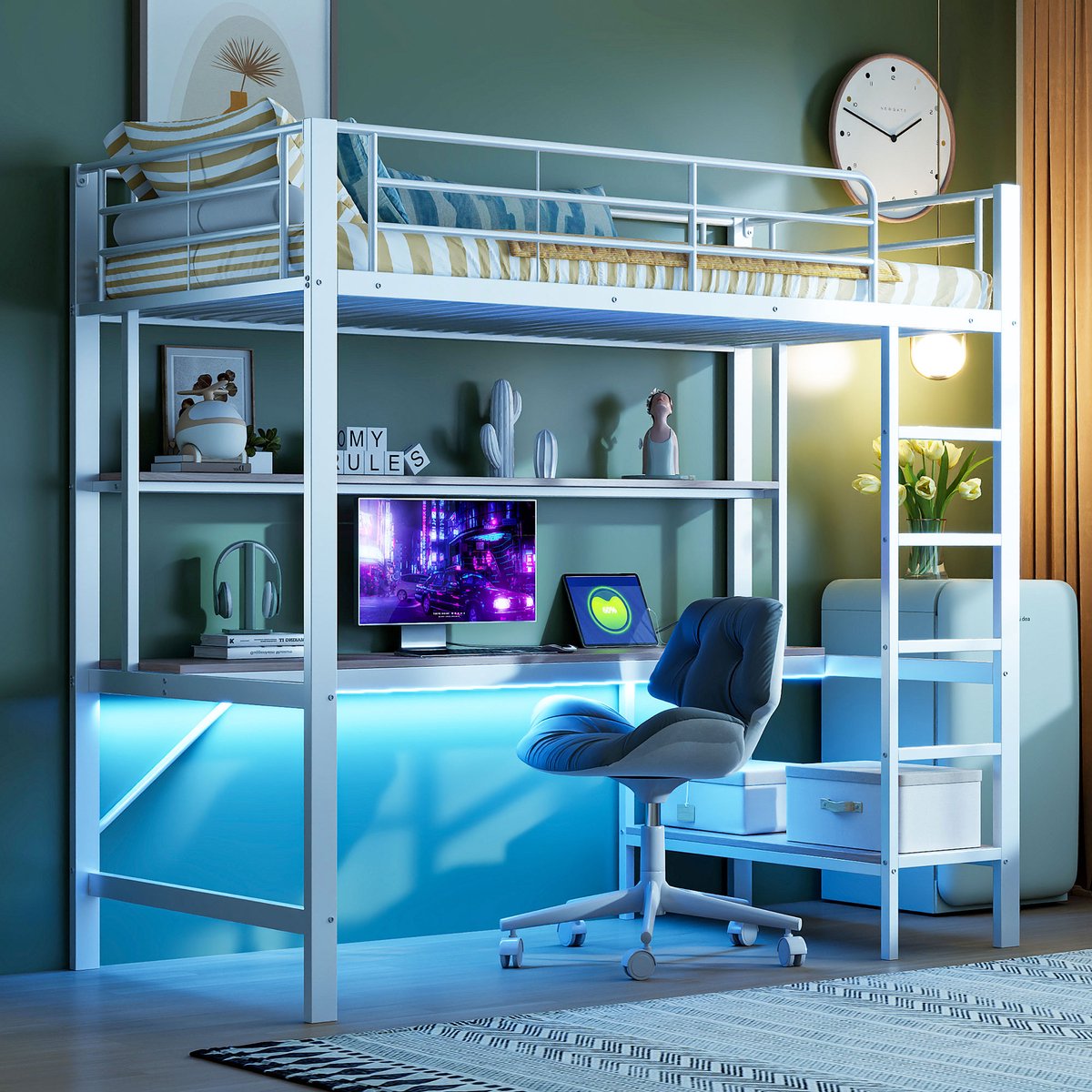 Hoogslaper, 90*200 cm, met reling, Ladder, USB- en Stopcontact, LED-verlichting, Bureau, Meerlaags schap, Exclusief matras, Metaal, Wit