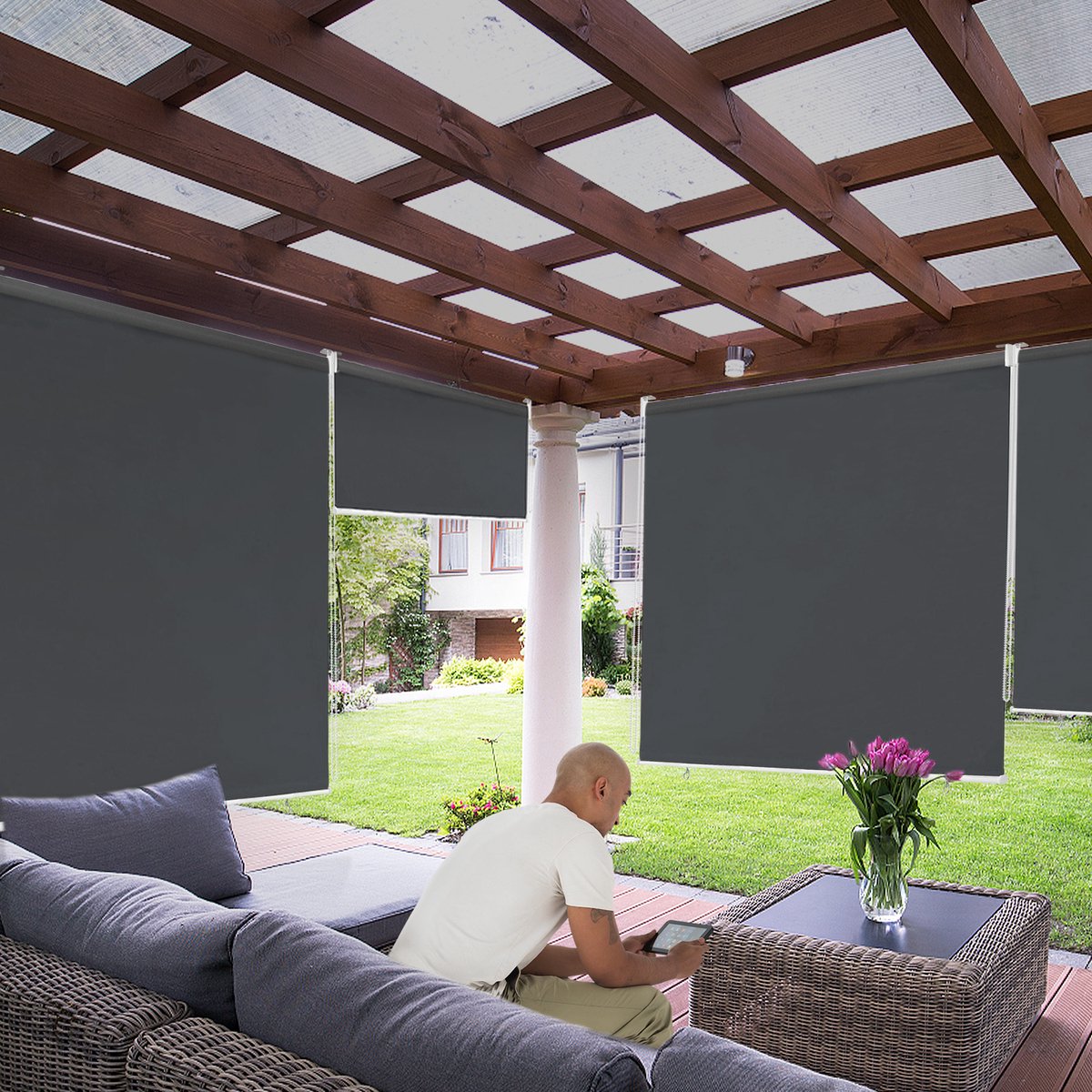 Verduisterend Rolgordijn 140x240cm Buiten Zonder Boren Met Reflecterende Thermofunctie UV-Beschermend Springrolluik Voor Raam Deur Tuin Antraciet NAIZY – foto 4