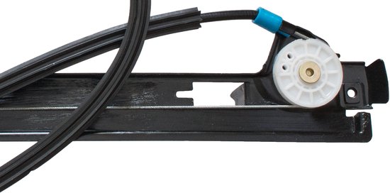 Elektrisch raammechanisme met zwarte kabel, witte rol en blauwe kabelgeleider aan de rechterkant.