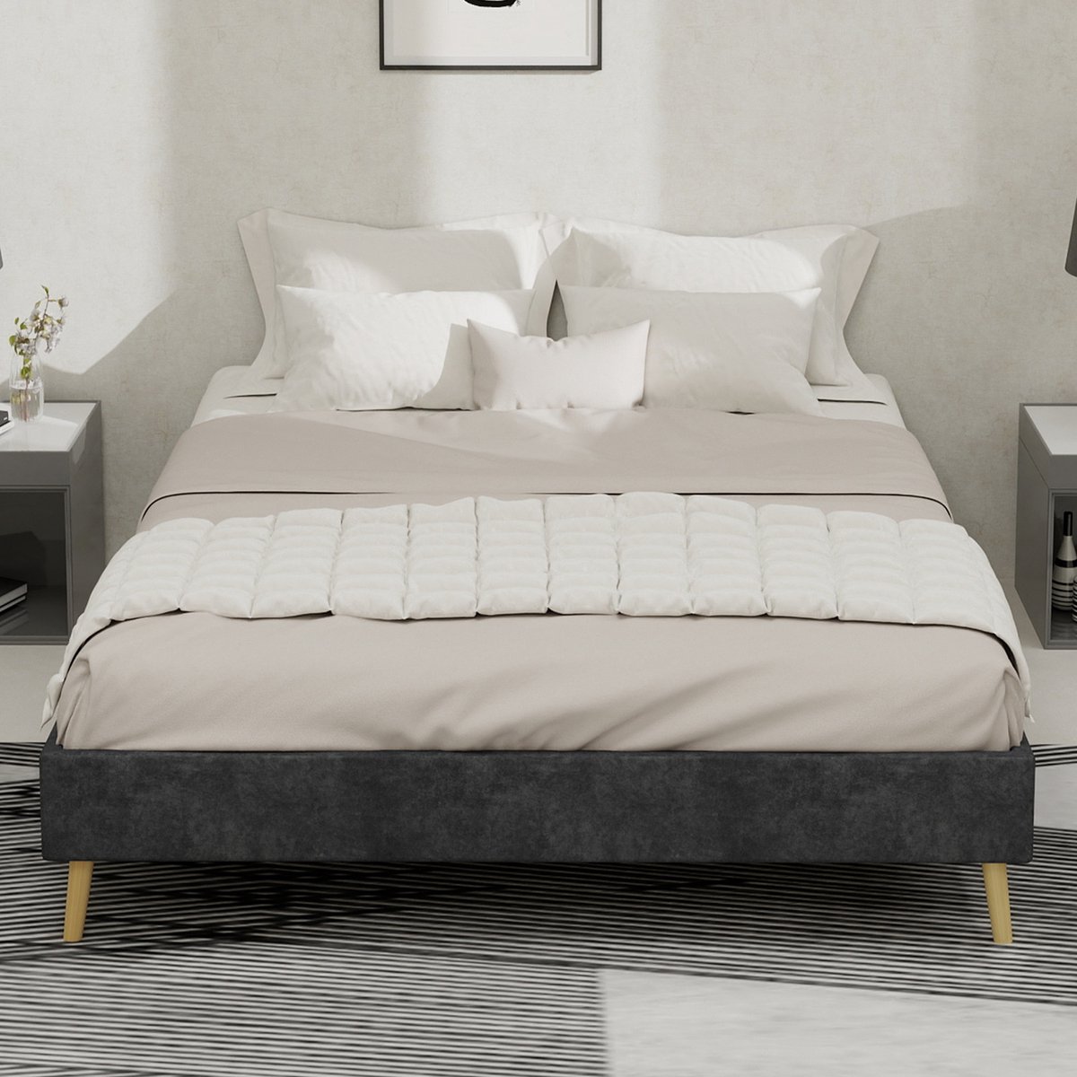 Wishdor Bedframe – 140 x 200 cm – Stevige Constructie – Stof en Metaal Grijs – Modern Minimalistisch Design – Snelle Montage – Flexibele Plaatsing – Geschikt voor Standaard Matras