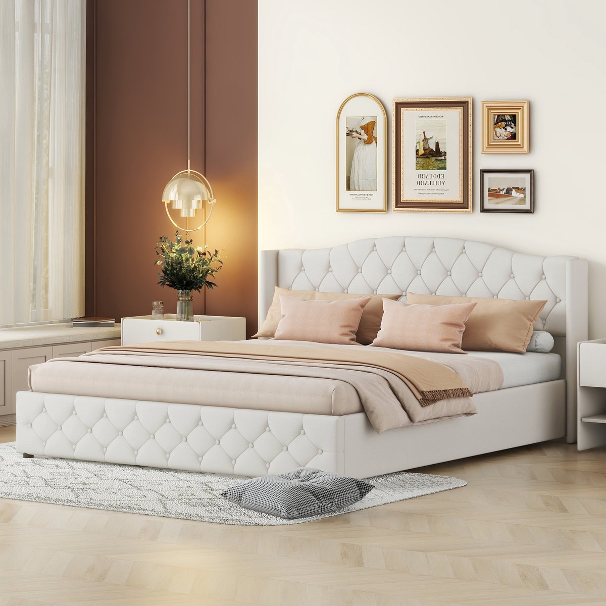 Wishdor - Gestoffeerd Bed Met Opbergruimte - Hydraulische Bedlift - Modern Design - Linnen - Beige - 180 X 200 Cm