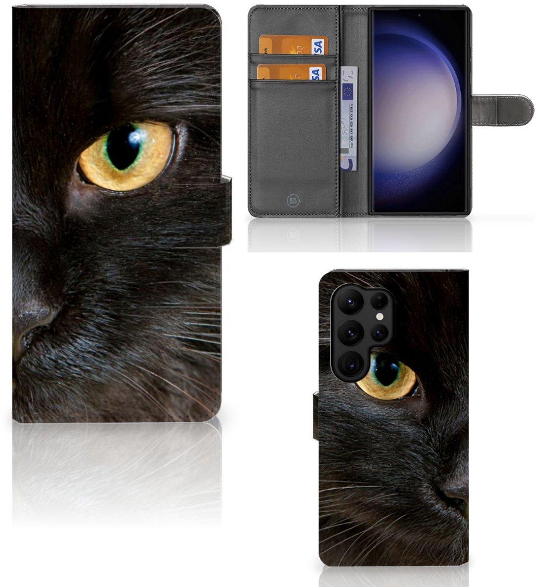 Samsung Galaxy S23 Ultra Telefoonhoesje met Pasjes Zwarte Kat