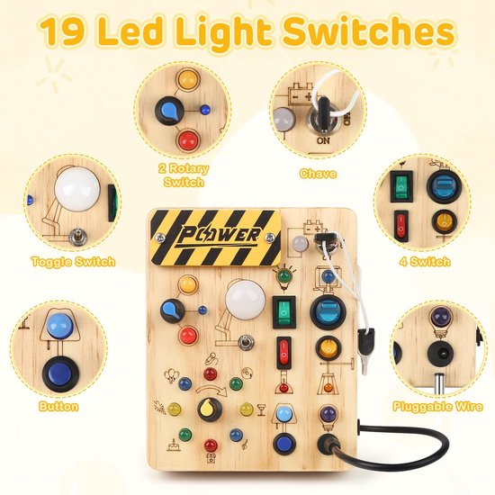 LED speelbord - voor peuters van 3 jaar - Montessori sensorisch speelgoed met sleutelschakelaar en stekker - Verlicht houten activiteitenbord met schakelaar voor fijne motoriek - Educatief reisspeelgoed en cadeau van Mrilary — afbeelding 5