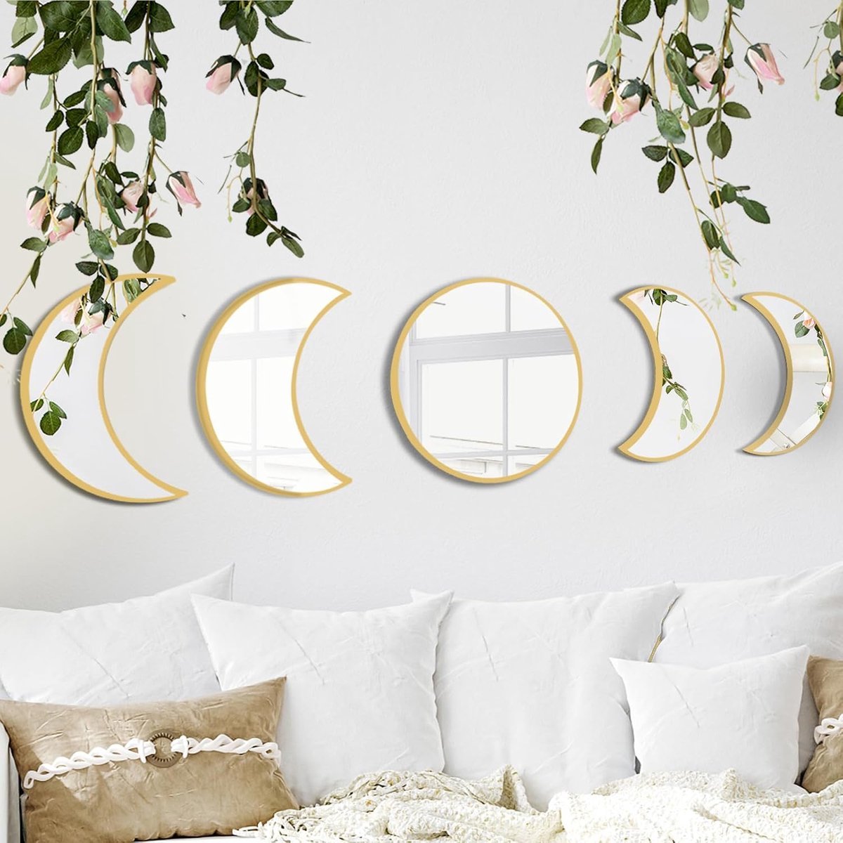 Maanfase Spiegels - Wanddecoratie Set - Spirituele Sfeer Creëren - Vijf Delige Set - 28 CM Diameter - Goud