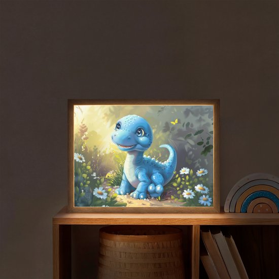Nachtlampje 40x30 cm - Kinder lamp - Dino - Blauw - Baby - Dinosaurus - Tafellamp kinderkamer draadloos - Slaapkamer lampje - Bedlamp kinderen - Kinderlampje - Wandlamp babykamer - Nachtlampjes van OnlyWow — afbeelding 2